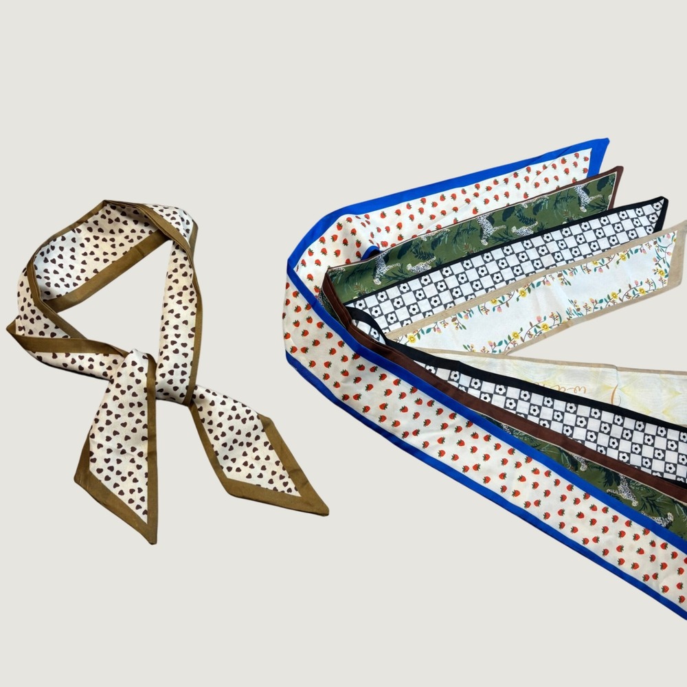 Women Skinny Scarf Set OS Multicolor Mixed Print Twilly Lot of 5 Bag Accessory